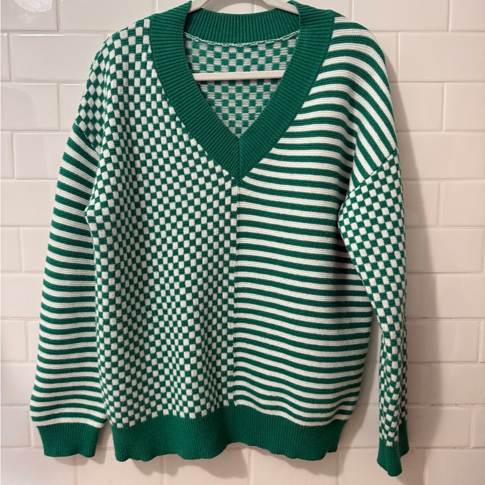 Green and White Striped Women's Sweater - Picture 2 of 4